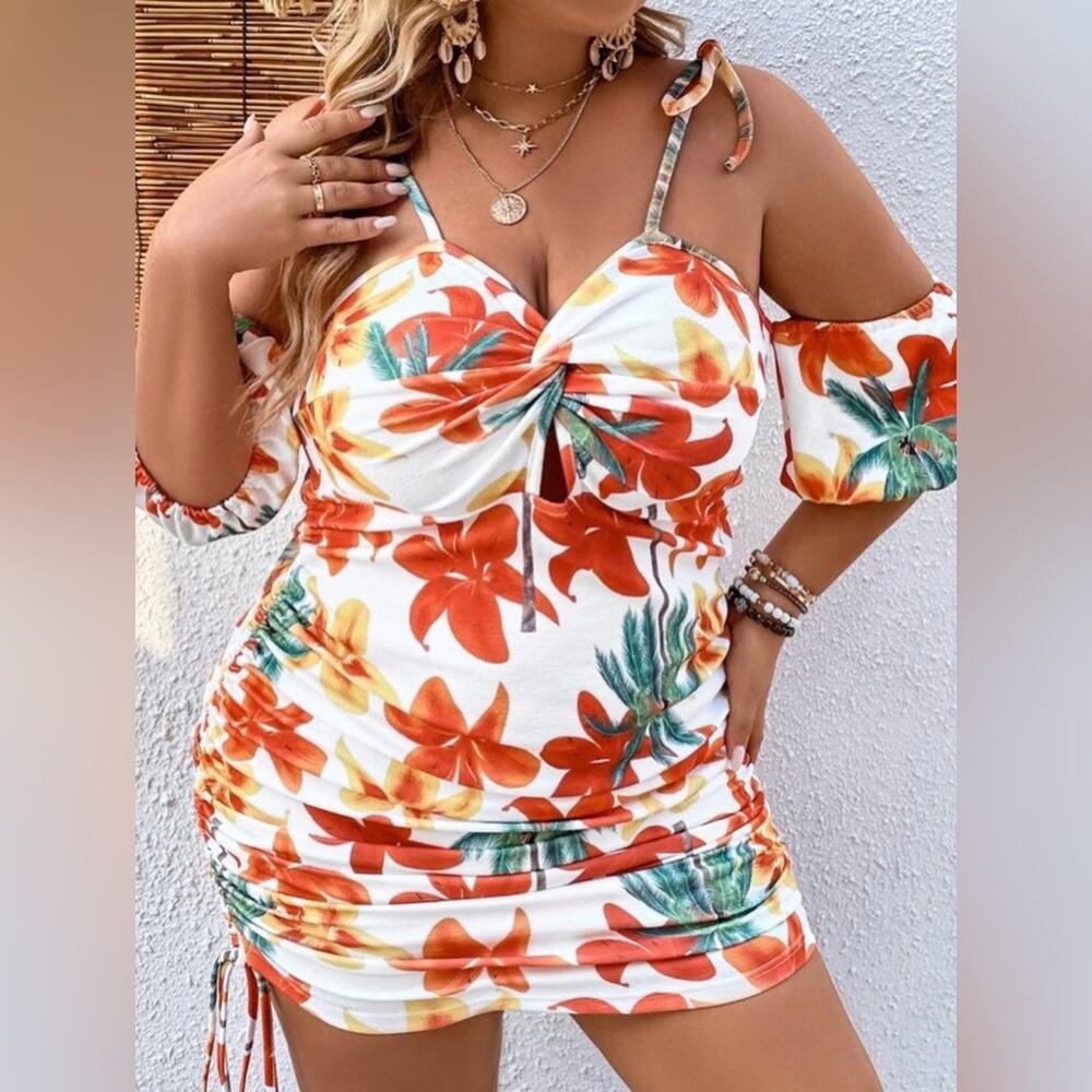 NEW‎ Floral Women’s Floral Print Cold Shoulder Drawstring Side Bodycon Dress 3X